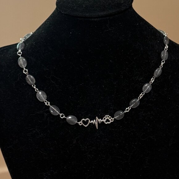 Genuine Grey Tourmalinated Quartz Short Necklace,Gemstone & Paw Print Heart Beat - Picture 3 of 14